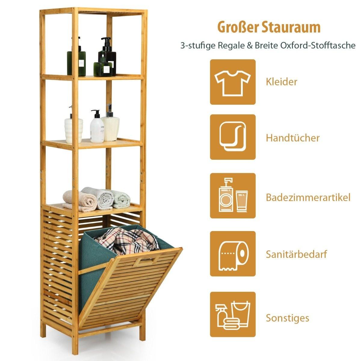 B2X Badezimmer Hochschrank mit Wäschekorb aus Bambus mit Regalen Ideal für Bad 40 x 33 x 160 cm Natur  