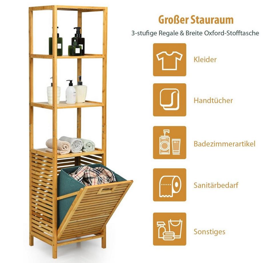 B2X Badezimmer Hochschrank mit Wäschekorb aus Bambus mit Regalen Ideal für Bad 40 x 33 x 160 cm Natur  