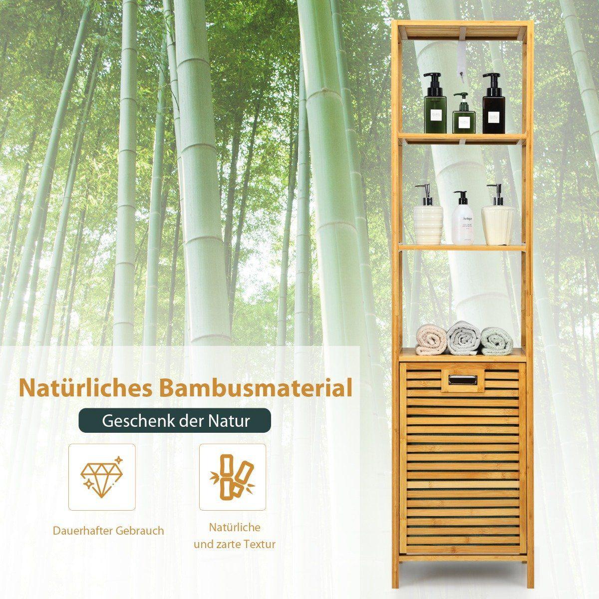 B2X Badezimmer Hochschrank mit Wäschekorb aus Bambus mit Regalen Ideal für Bad 40 x 33 x 160 cm Natur  