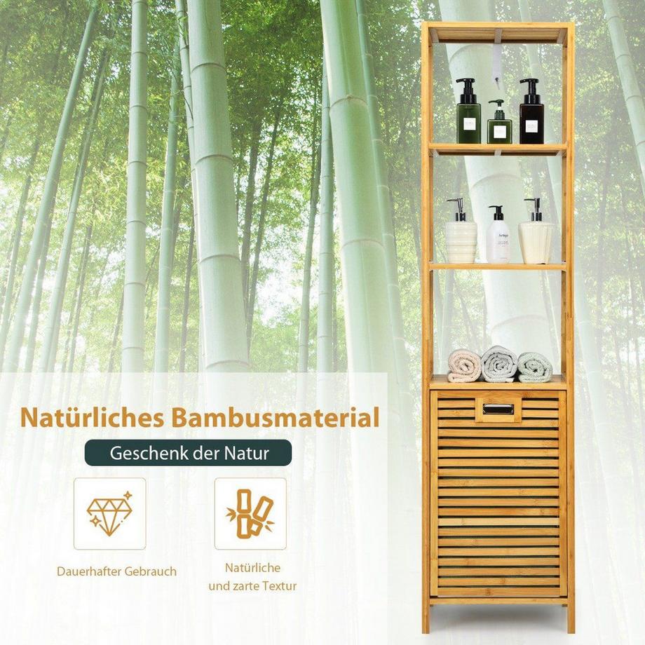 B2X Badezimmer Hochschrank mit Wäschekorb aus Bambus mit Regalen Ideal für Bad 40 x 33 x 160 cm Natur  