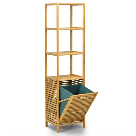 B2X Badezimmer Hochschrank mit Wäschekorb aus Bambus mit Regalen Ideal für Bad 40 x 33 x 160 cm Natur  
