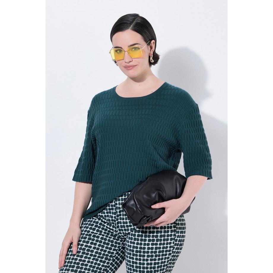 Ulla Popken Pull Maille Texturée Col Rond Manches Courtes  