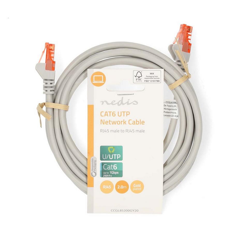 Nedis  Câble réseau CAT6 | RJ45 mâle | RJ45 mâle | U/UTP | 2.00 m | Rond | PVC | Gris | Etiquette 