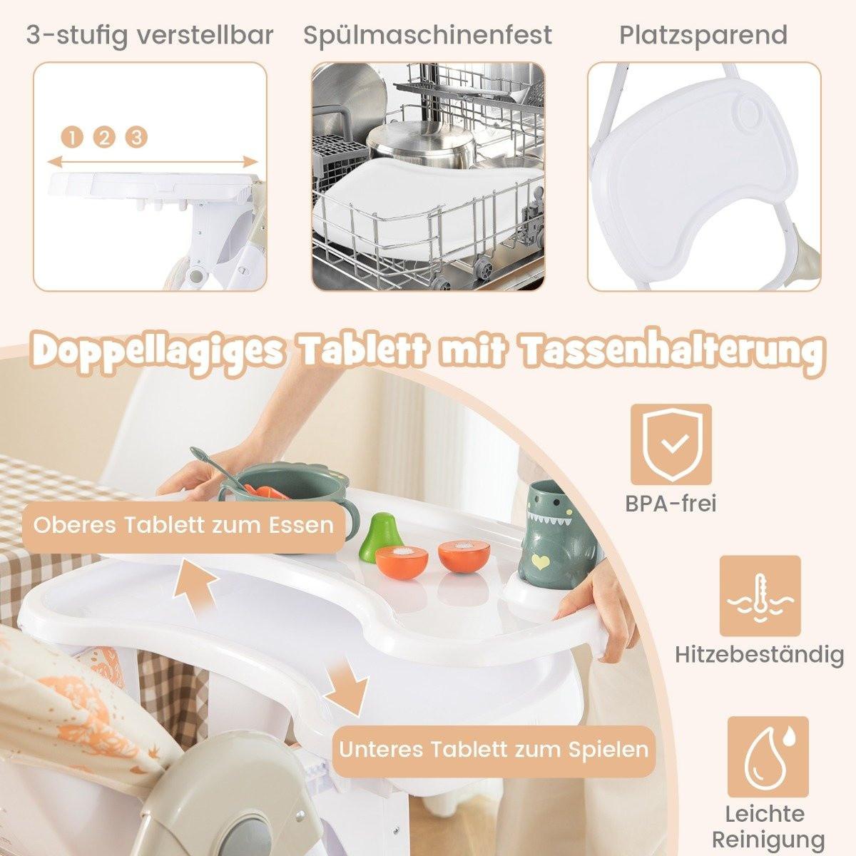 B2X  Seggiolone convertibile 6 in 1 con funzioni reclinabili e amp; Seggiolone pieghevole doppio vassoio Beige 