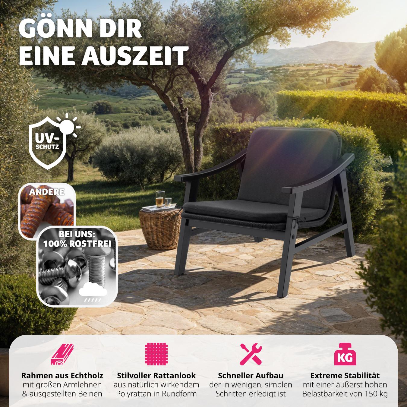 Tectake Rattan Stuhl Treviso mit lackiertem Holzgestell wetterfest  