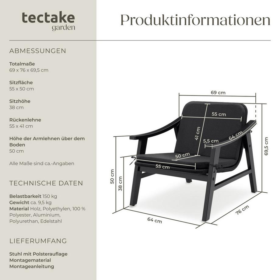 Tectake Rattan Stuhl Treviso mit lackiertem Holzgestell wetterfest  