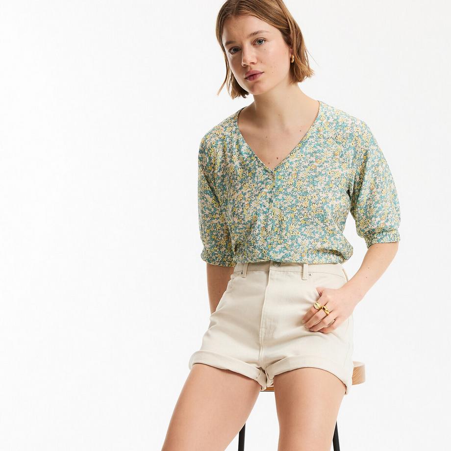 Bluse mit V-Ausschnitt und 3/4-Ärmeln mit Blumenmuster