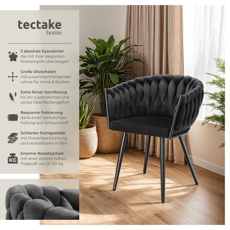 Tectake Set Esszimmerstuhl Astano gepolstert, mit Samtbezug, Knotendesign durchgehende Lehne  