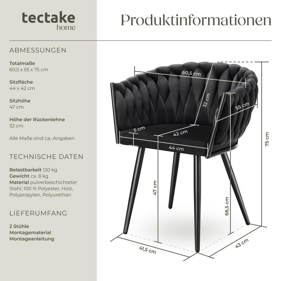 Tectake Set Esszimmerstuhl Astano gepolstert, mit Samtbezug, Knotendesign durchgehende Lehne  