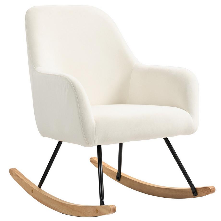Northio Chaise à bascule, chaise à bascule avec accoudoirs, patins en bois, chaise de relaxation, fauteuil aspect velours, chaise de relaxation, balançoire pour chambre, salon, balcon, blanc crème  