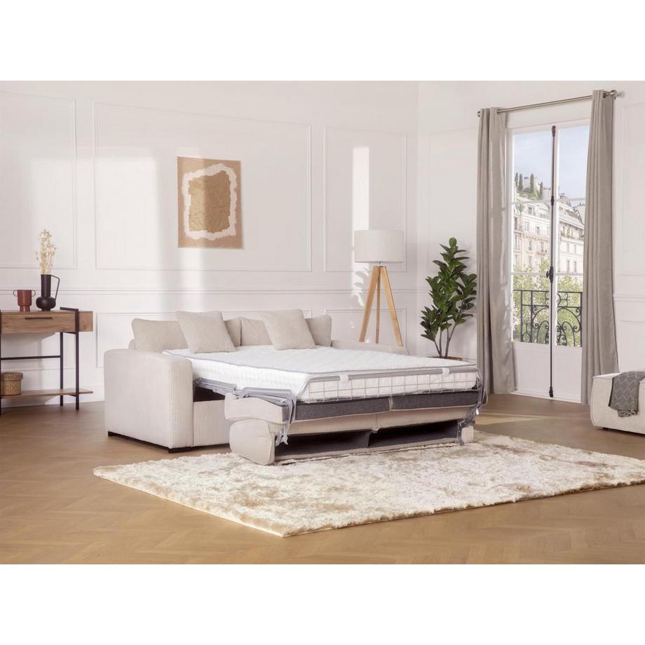 Vente-unique Canapé 4 places convertible express en velours côtelé beige - Couchage 160 cm - Matelas 18 cm - MONDOVI  