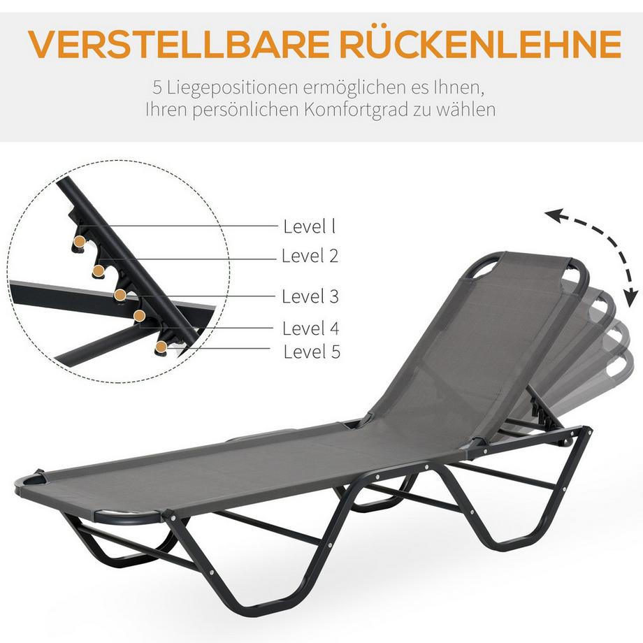 Northio  Sonnenliege Strandliege 5-Stufige Alu Gartenliege Relaxliege Texteline Grau+Schwarz 163 X 58,5 X 91 Cm 