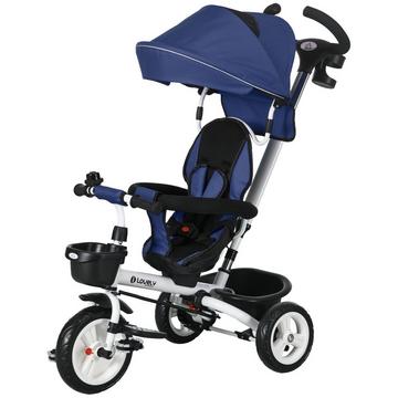 Triciclo 2 In 1 Barra Di Spinta Triciclo Per Bambini Cintura Di Sicurezza Tettuccio Pieghevole Portabevande Cestino Pedale 1-5 Anni Blu