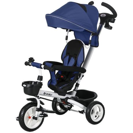 Northio  Triciclo 2 In 1 Barra Di Spinta Triciclo Per Bambini Cintura Di Sicurezza Tettuccio Pieghevole Portabevande Cestino Pedale 1-5 Anni Blu 