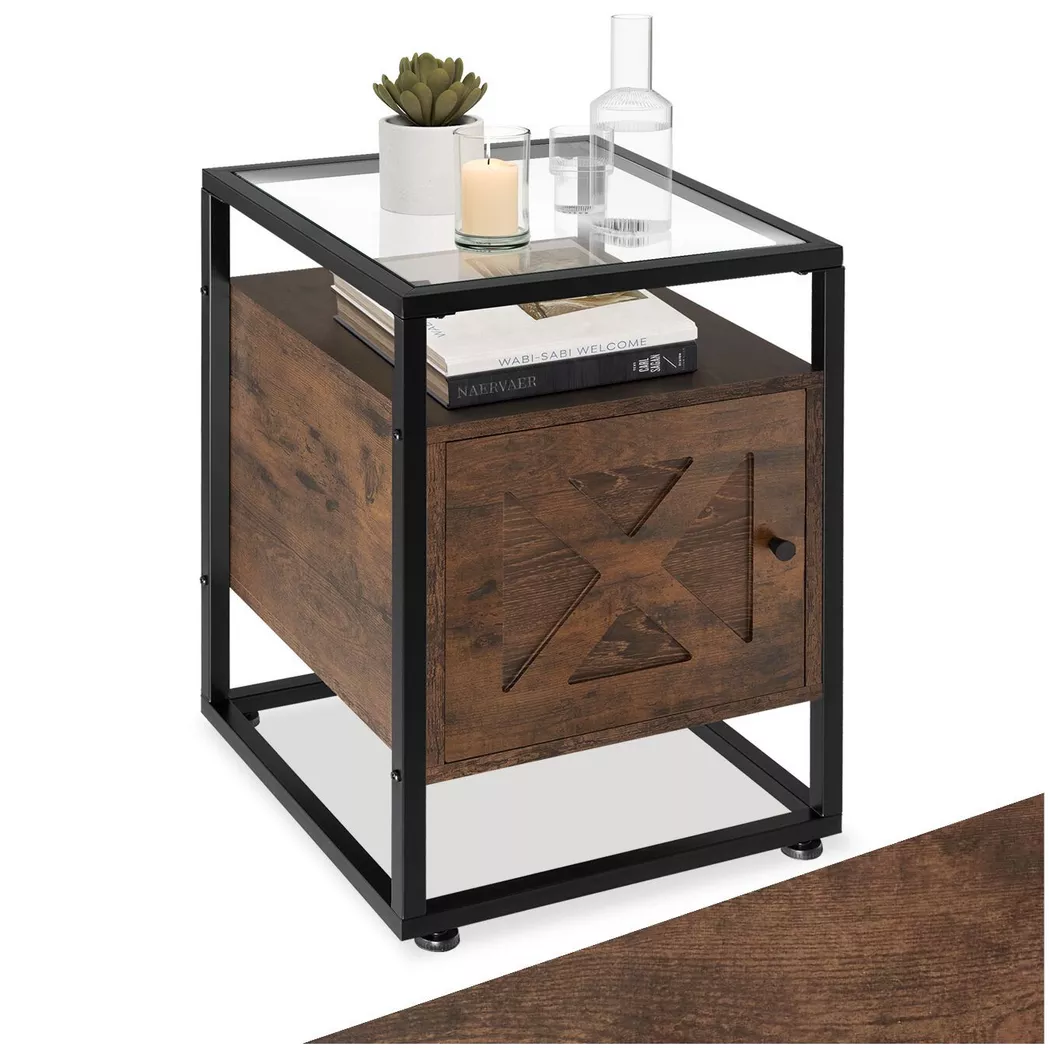 tectake Bedside Table Kidderminster 40X43X60.5Cm With Shelf & Cupboard in Brown | Size: 40X43X60.5 cm