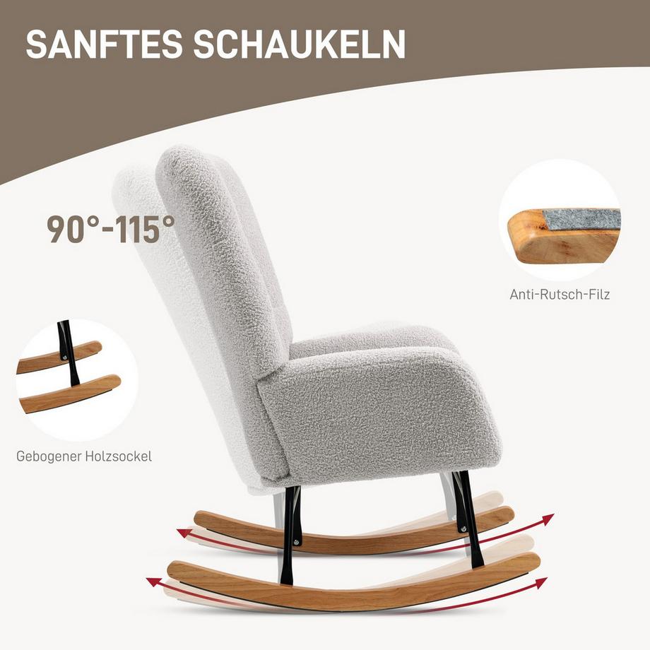 Northio Chaise à bascule, chaise à bascule avec accoudoirs, aspect velours peluche, chaise de relaxation avec patins en bois, balançoire, chaise d'allaitement pour chambre à coucher, salon, gris clair  