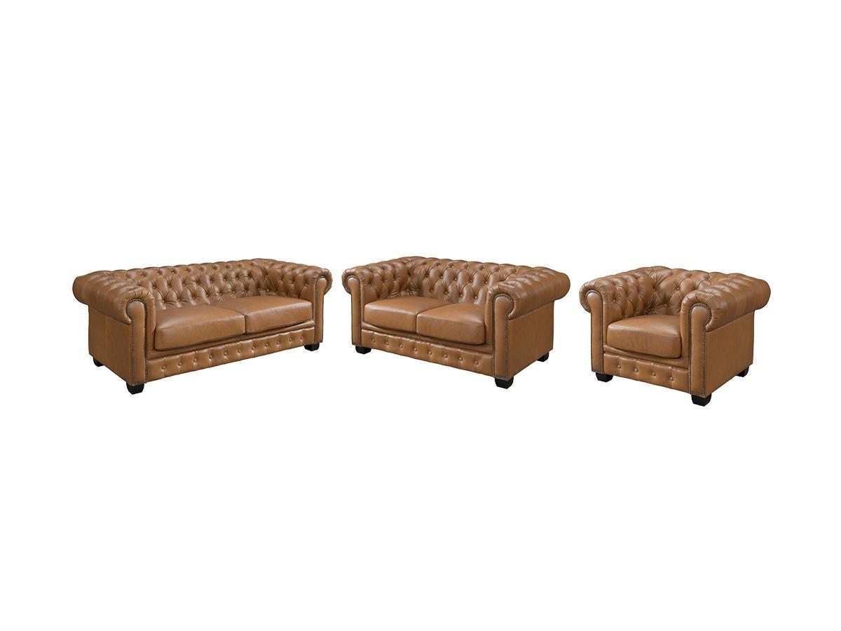 LINEA SOFA Canapés chesterfield 3 places 2 places et un fauteuil BRENTON 100% cuir de buffle premium - Caramel vintage  