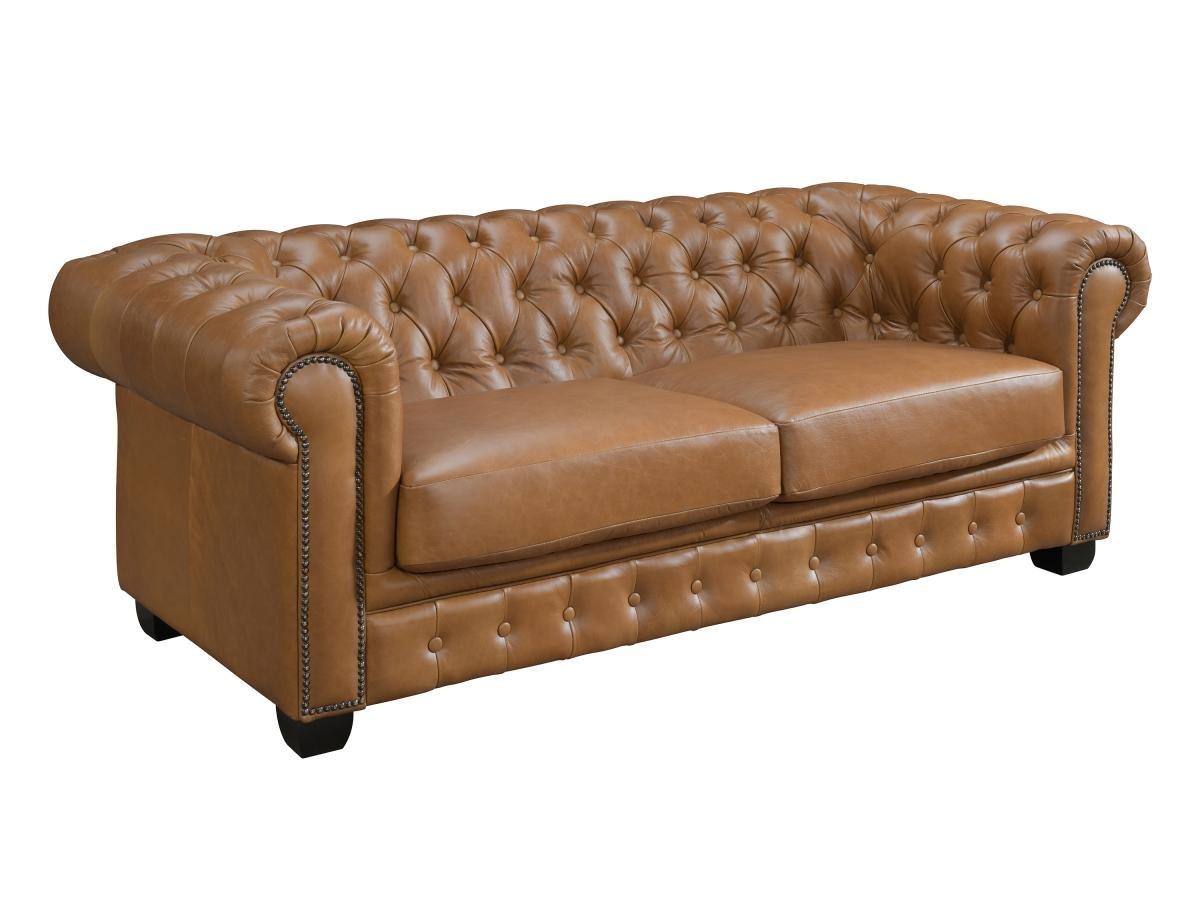 LINEA SOFA Canapés chesterfield 3 places 2 places et un fauteuil BRENTON 100% cuir de buffle premium - Caramel vintage  