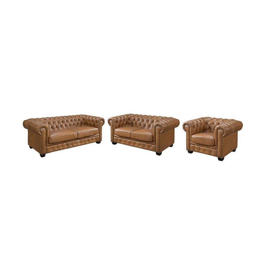 Canapés chesterfield 3 places 2 places et un fauteuil BRENTON 100% cuir de buffle premium - Caramel vintage