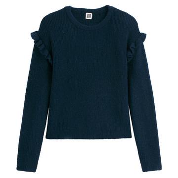 Feinstrick-Pullover mit Rundhals und Volants