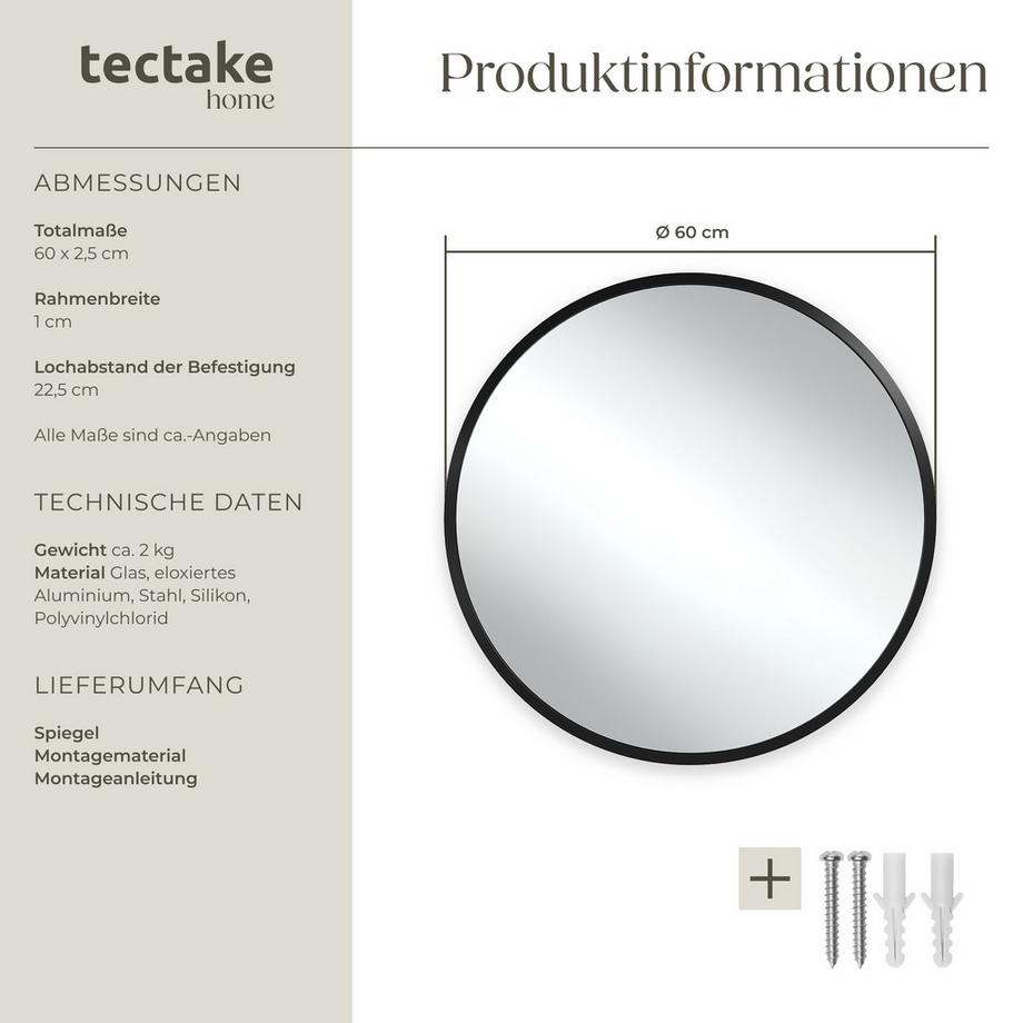 Tectake Runder Wandspiegel Fiona Ø 60 cm robuster Rahmen aus eloxiertem Aluminium  