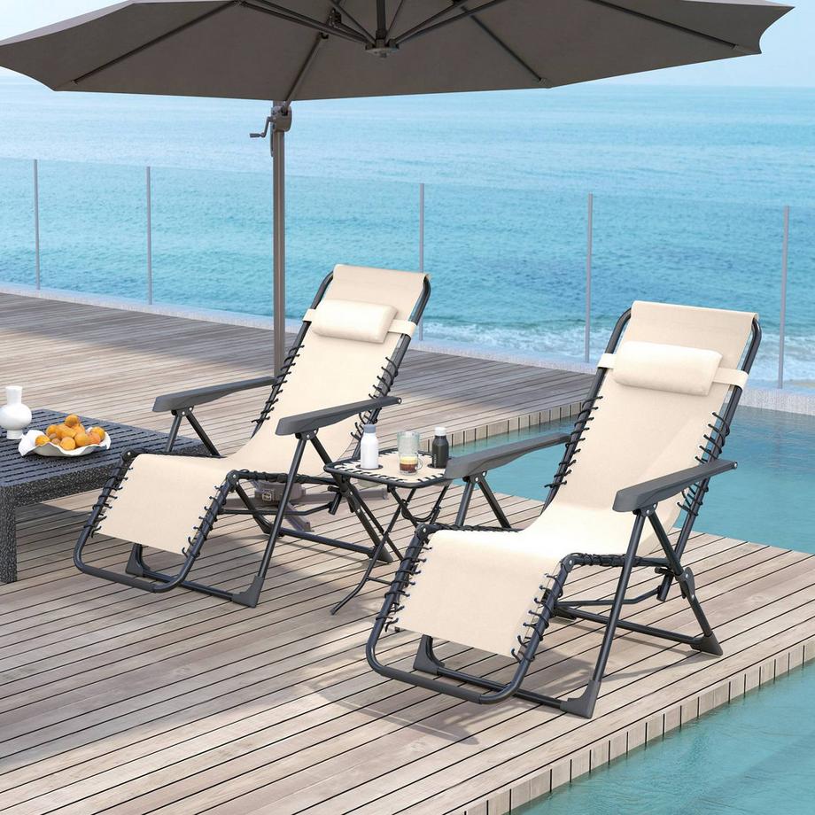 Northio Gartenliege Set 3-TLG. Klappbar Sonnenliege mit Teetisch 2 Stühle Kopfkissen, Outdoor Liege wetterfest Relaxliege Liegestuhl aus Metall Strandliege für Garten, Terrasse 90x56x110 cm Beige Aosom  