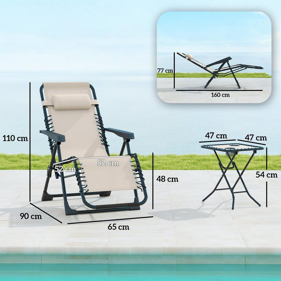 Northio Gartenliege Set 3-TLG. Klappbar Sonnenliege mit Teetisch 2 Stühle Kopfkissen, Outdoor Liege wetterfest Relaxliege Liegestuhl aus Metall Strandliege für Garten, Terrasse 90x56x110 cm Beige Aosom  