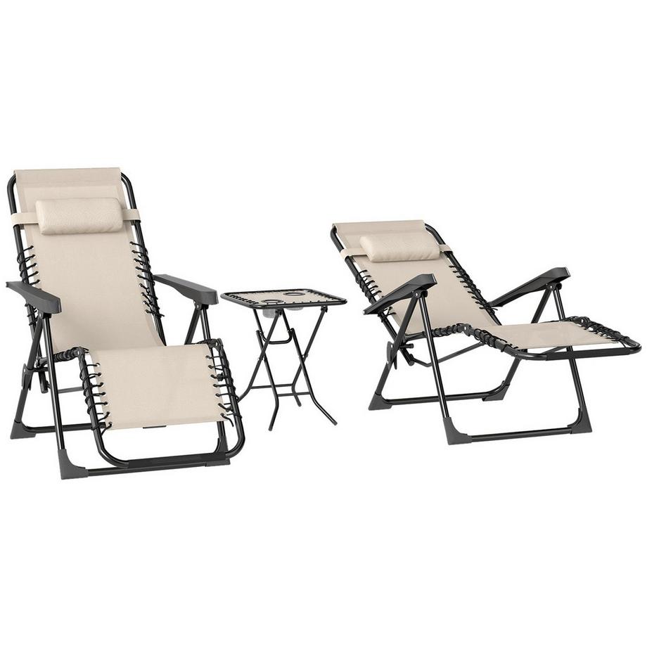 Gartenliege Set 3-TLG. Klappbar Sonnenliege mit Teetisch 2 Stühle Kopfkissen, Outdoor Liege wetterfest Relaxliege Liegestuhl aus Metall Strandliege für Garten, Terrasse 90x56x110 cm Beige Aosom