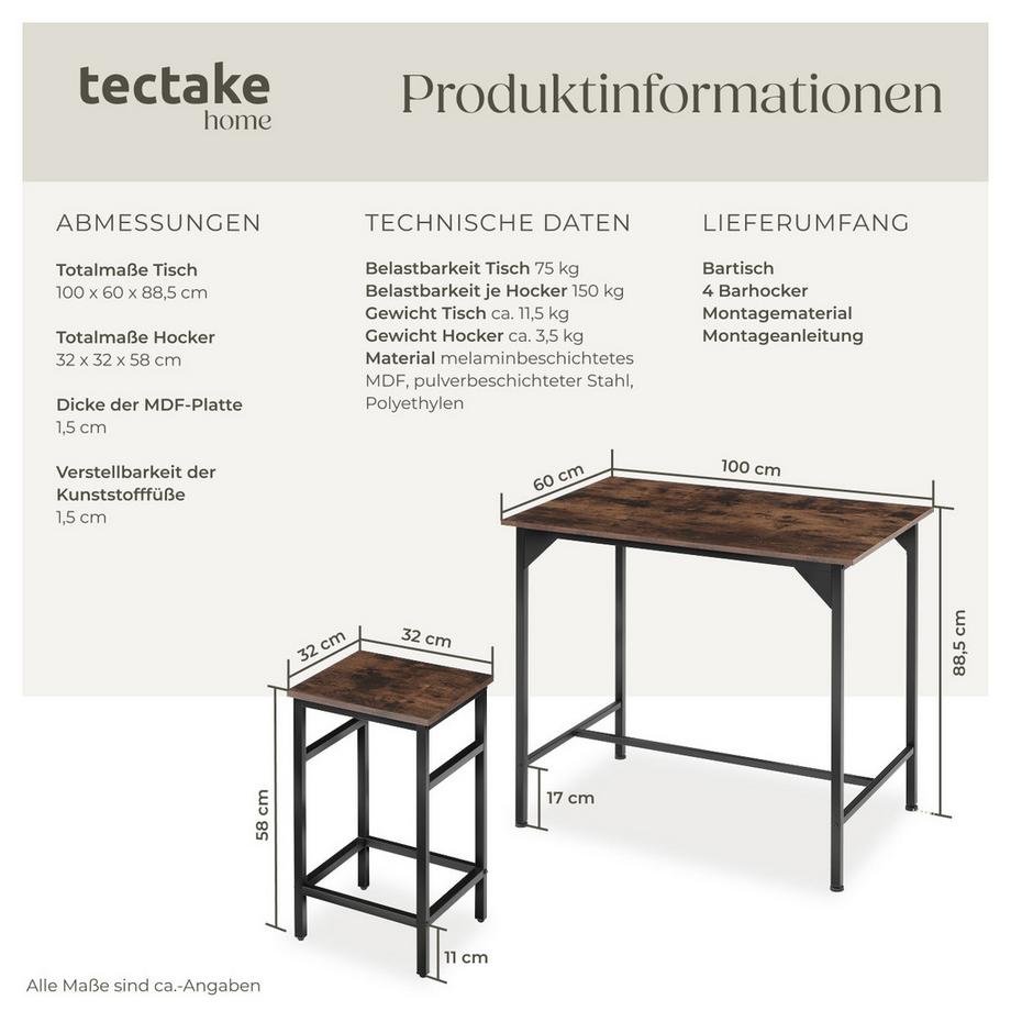 Tectake Set da bar Edimburgo 5 pezzi  