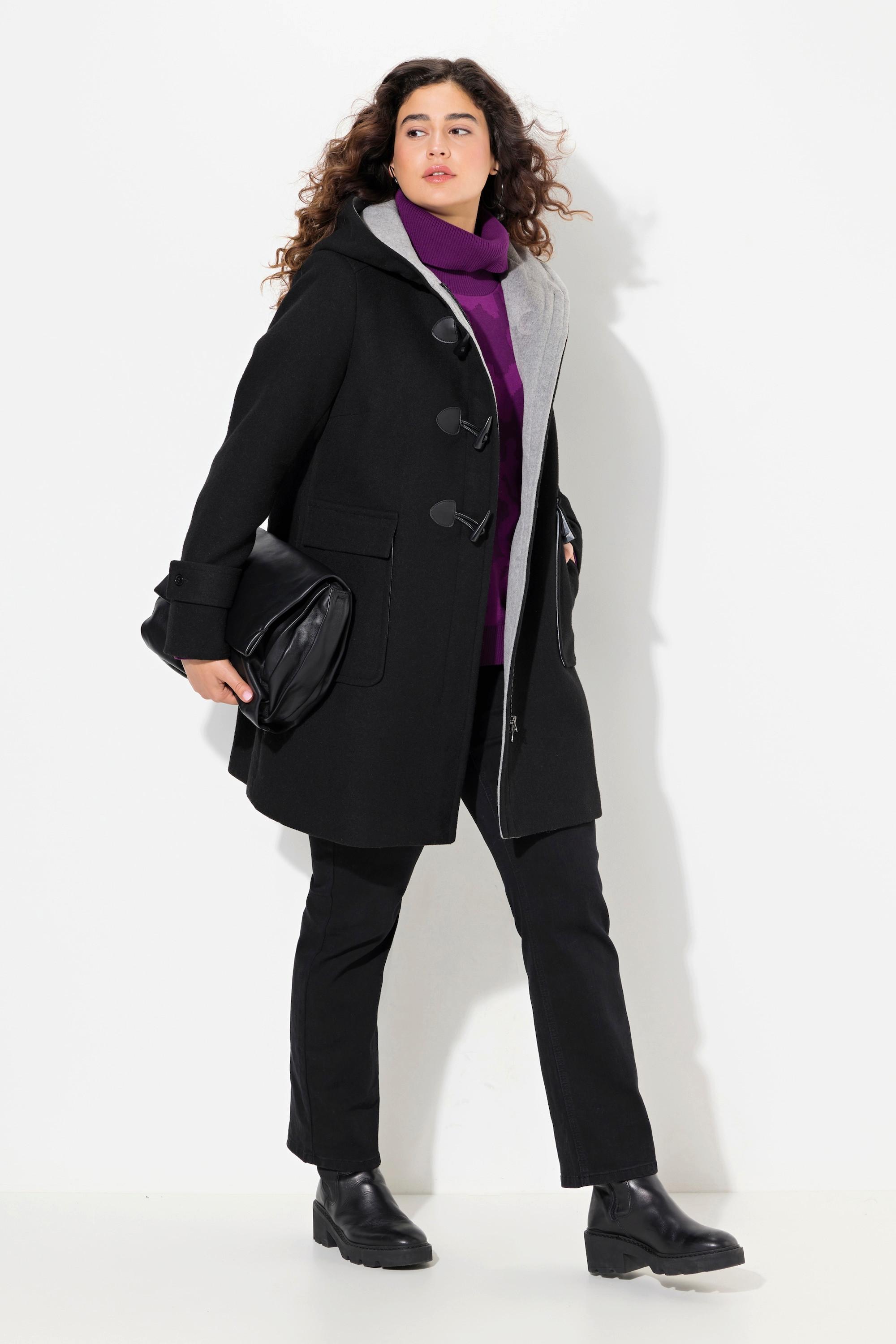 Ulla Popken  Duffle-coat en laine mélangée, silhouette en A avec capuche et boutons Brandebourg 