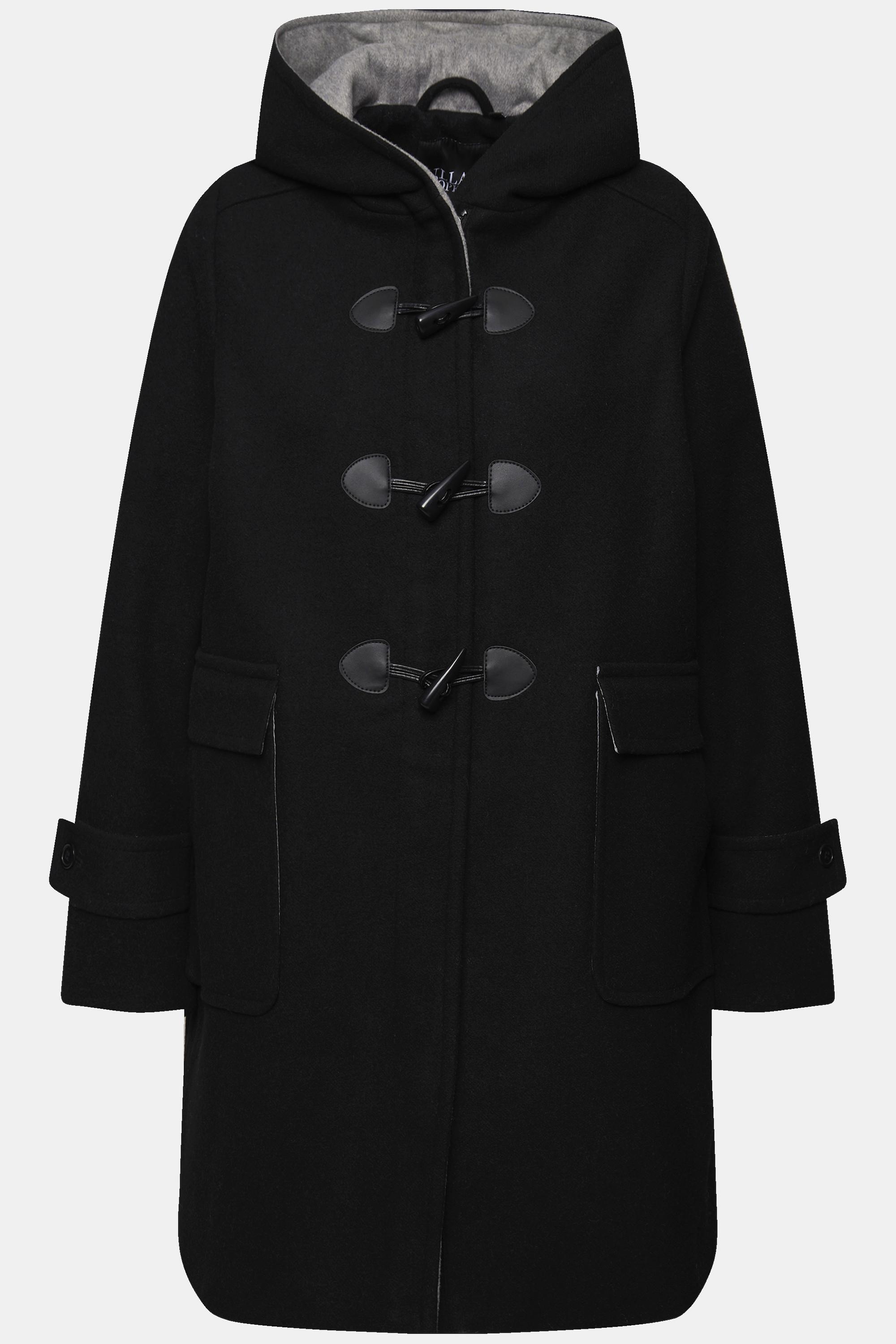 Ulla Popken  Duffle-coat en laine mélangée, silhouette en A avec capuche et boutons Brandebourg 