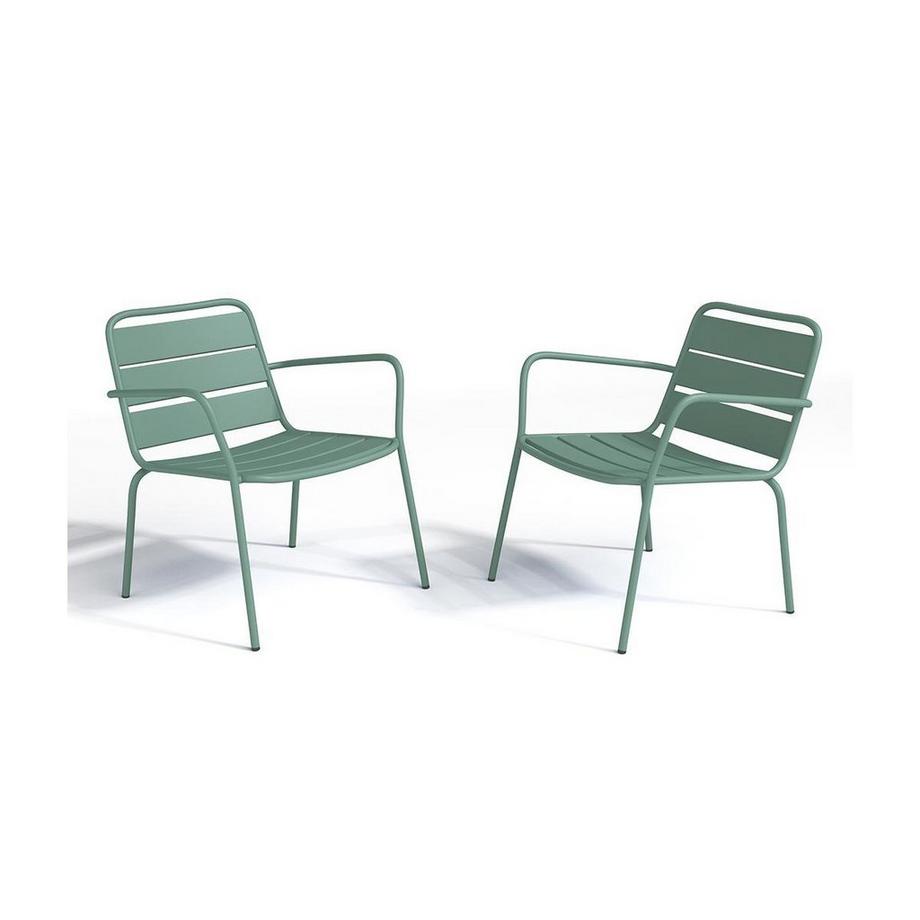 Vente-unique Garten-Sitzgruppe: Beistelltisch + 2 stapelbare Sessel - Metall - Hellgrün - MIRMANDE von MYLIA  