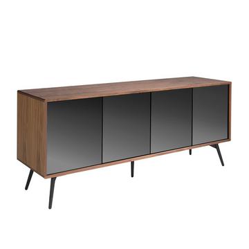 Credenza in legno di noce e ante in vetro nero a specchio