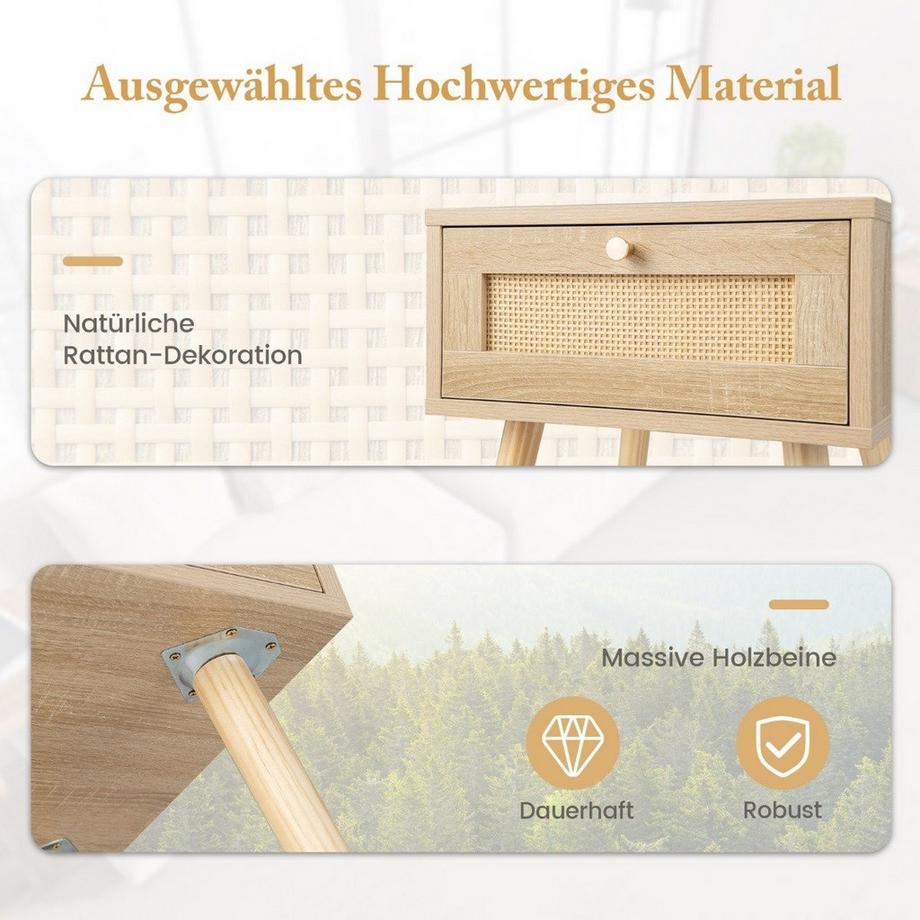 Northix Comodino con cassettiera con design in rattan 40 x 40 x 55 cm rovere  