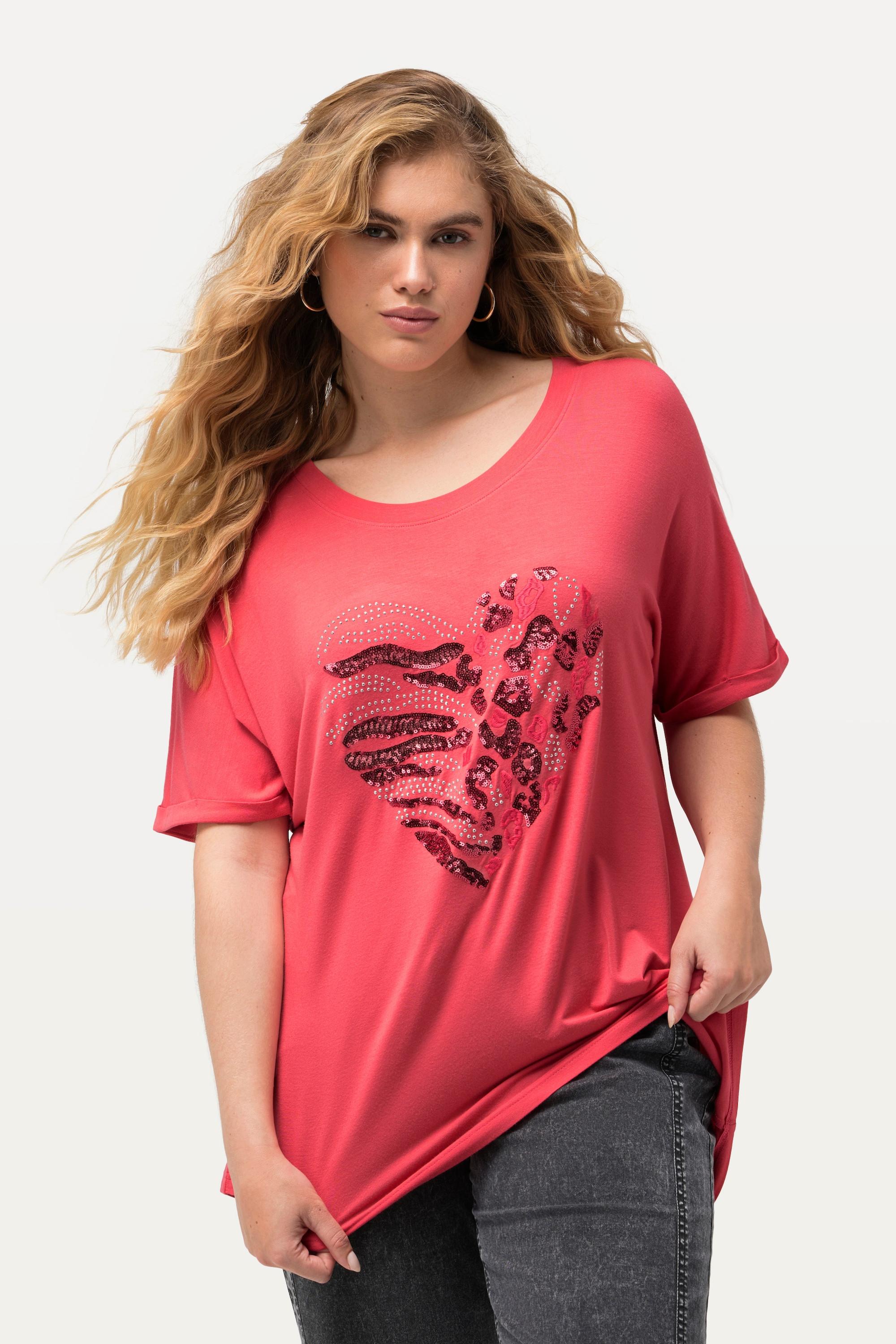 Ulla Popken  T-shirt dal taglio oversize con cuore, scollo a girocollo e mezze maniche 