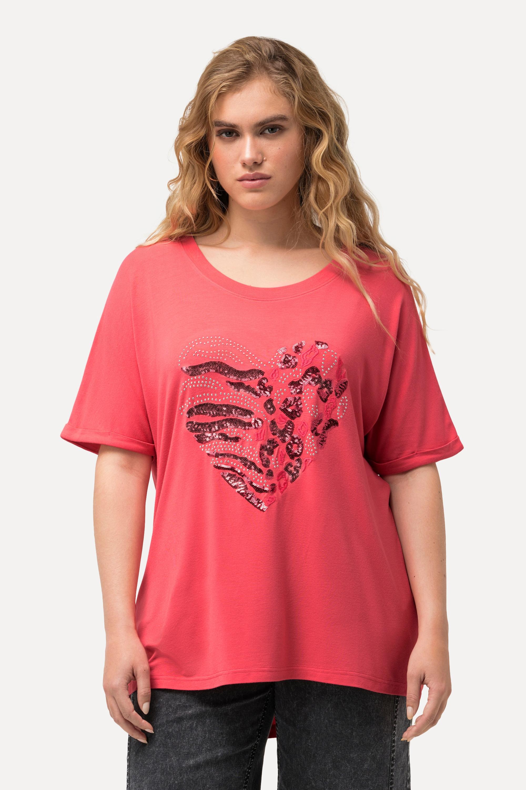 Ulla Popken  T-shirt dal taglio oversize con cuore, scollo a girocollo e mezze maniche 