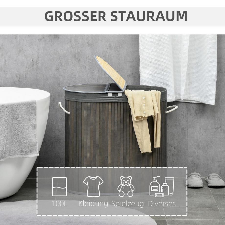 Northio Bambus Wäschekorb mit Deckel 100L Wäschesammler mit Griffen, 2 herausnehmbarer Wäschesack, Wäschesortierer Wäschebox für Waschküche, Badezimmer, Schlafzimmer, Grau  
