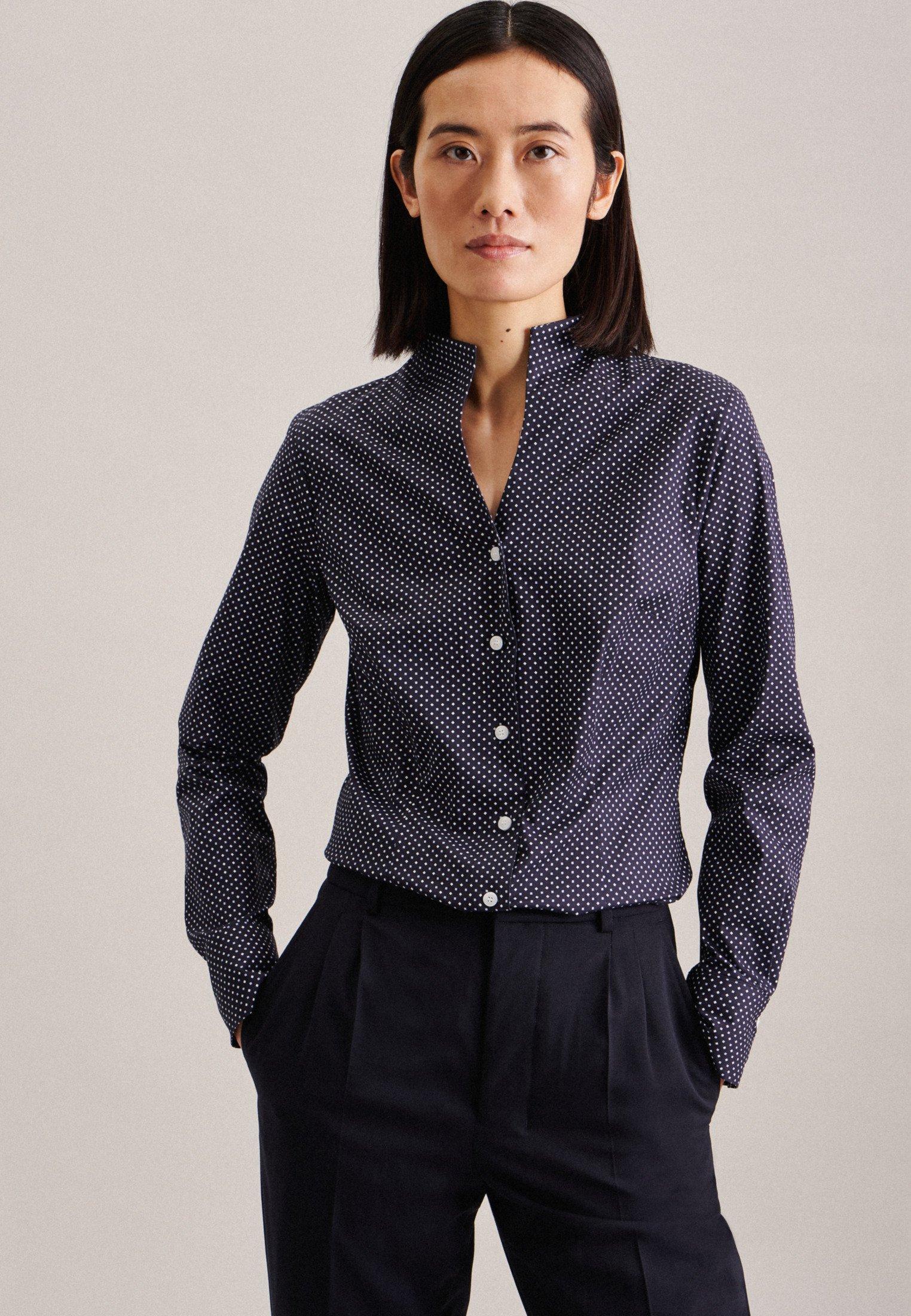 Image of Kelchkragenbluse Druck Langarm Kragen Damen Dunkelblau 44