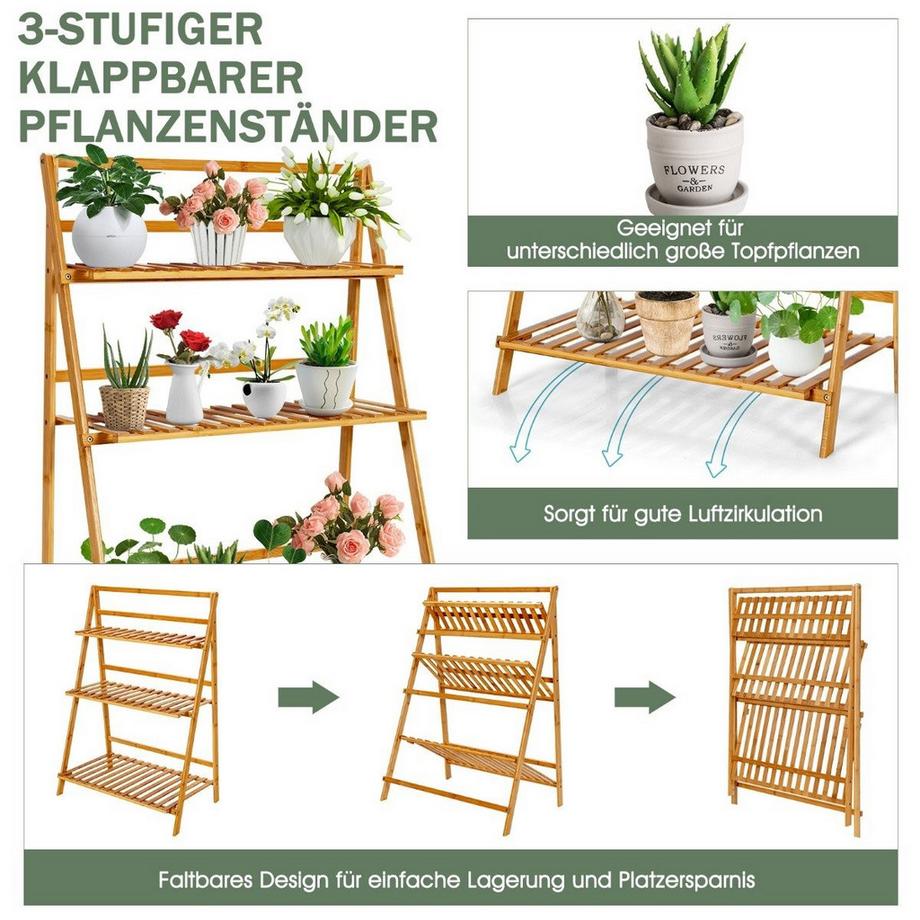 Northio Supporto per piante pieghevole in bambù scaffale a scala a 3 livelli  