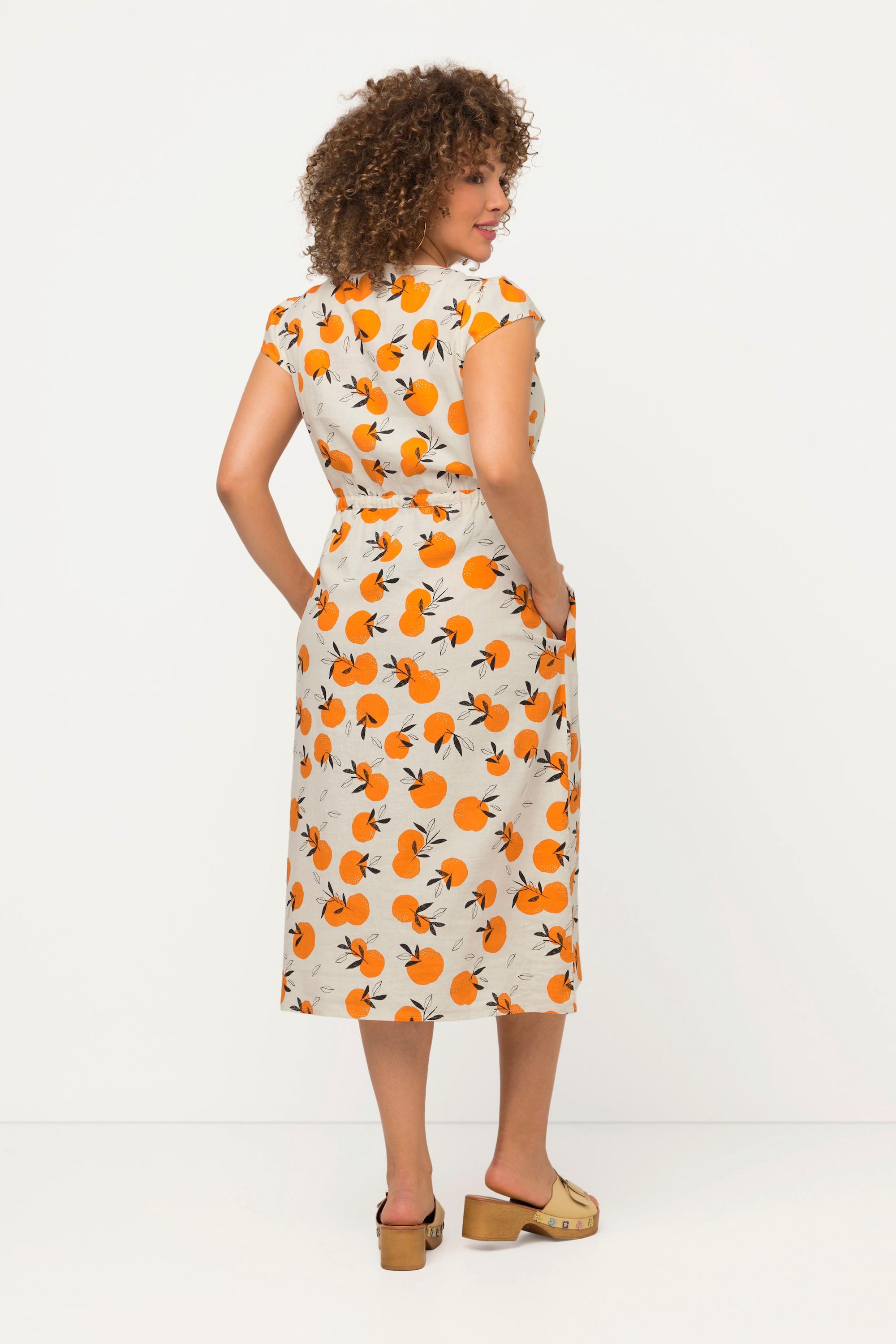 Ulla Popken  Robe midi sans manches, imprimé oranges. Col rond et ligne en A. 