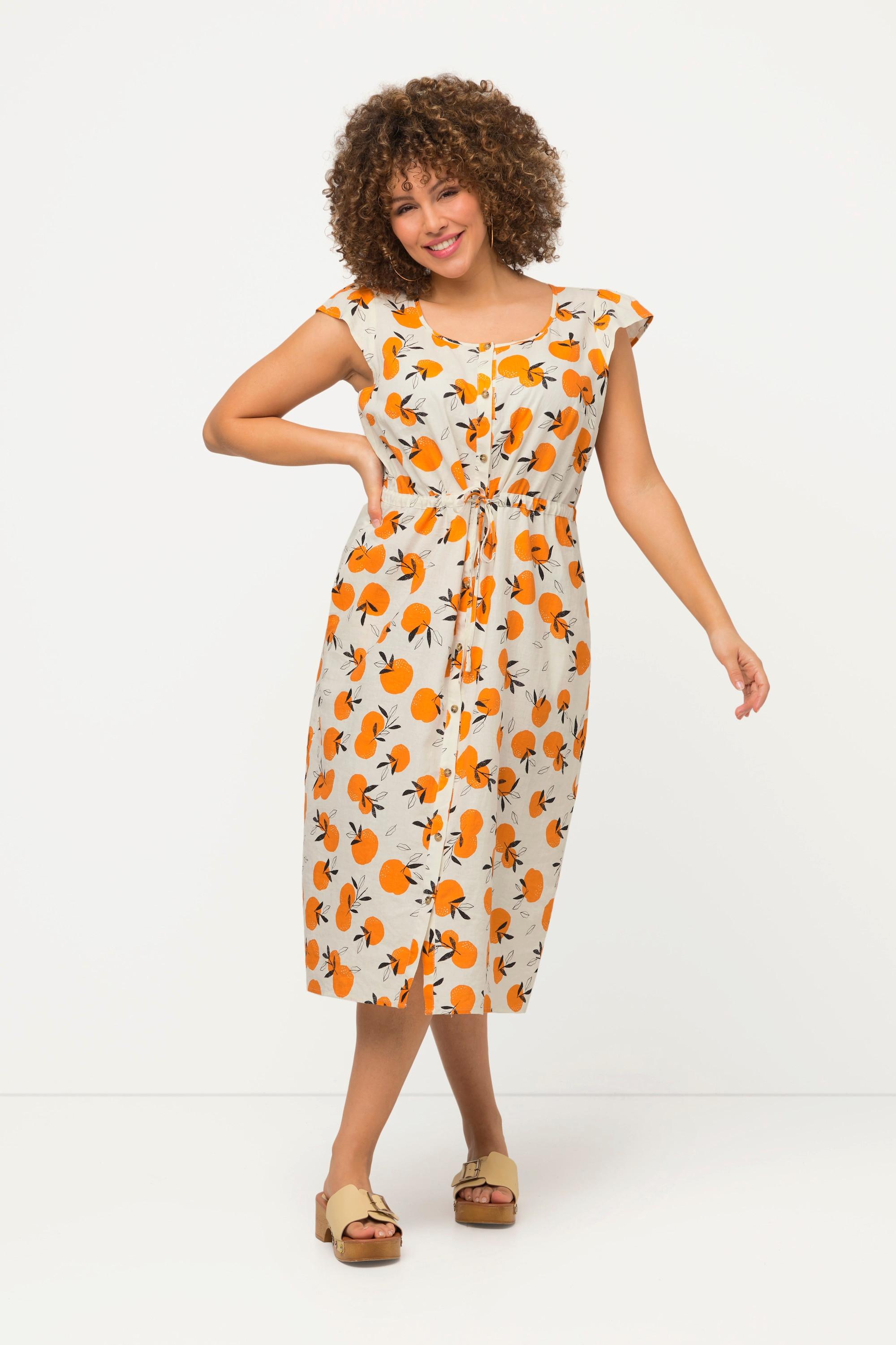 Ulla Popken  Robe midi sans manches, imprimé oranges. Col rond et ligne en A. 