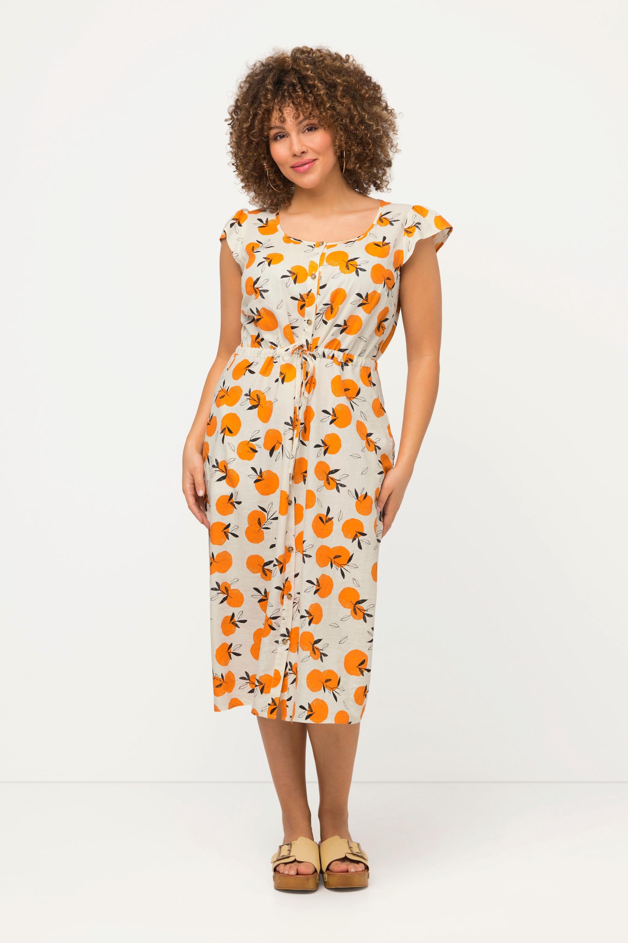 Ulla Popken  Robe midi sans manches, imprimé oranges. Col rond et ligne en A. 