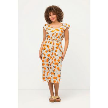 Robe midi sans manches, imprimé oranges. Col rond et ligne en A.