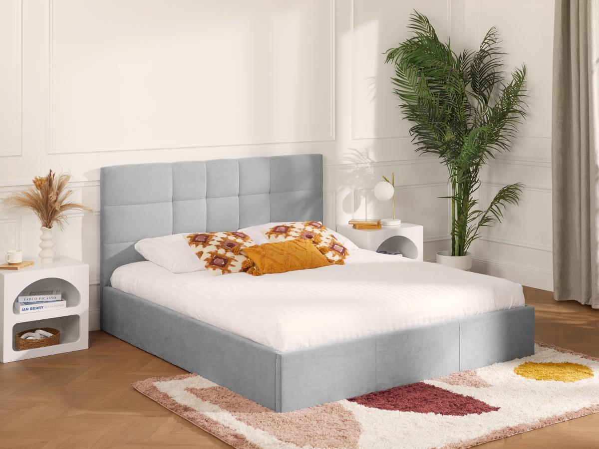 PASCAL MORABITO Letto con Contenitore + Materasso 140 x 190 cm in Tessuto Grigio - ELIAVA  