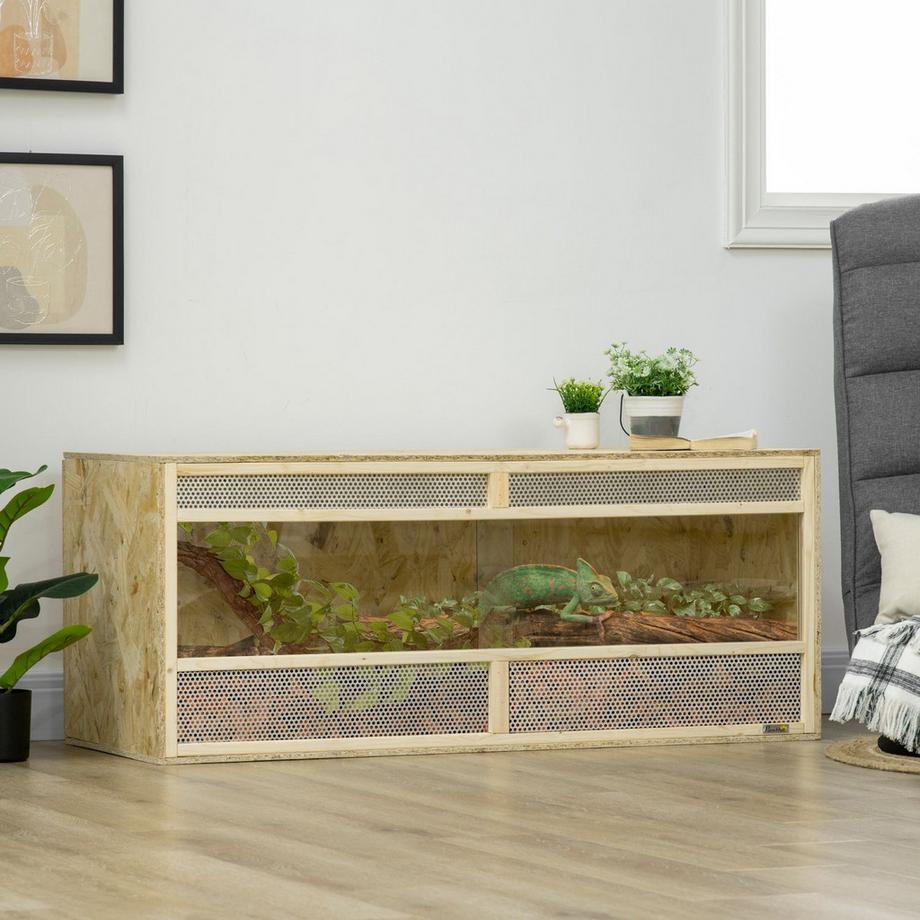 Northio  Terrarium en verre 120 x 50 x 50 cm, thermostatique, robuste, avec grille d'aération, porte coulissante, pour serpents, araignées, panneau OSB, bois naturel 