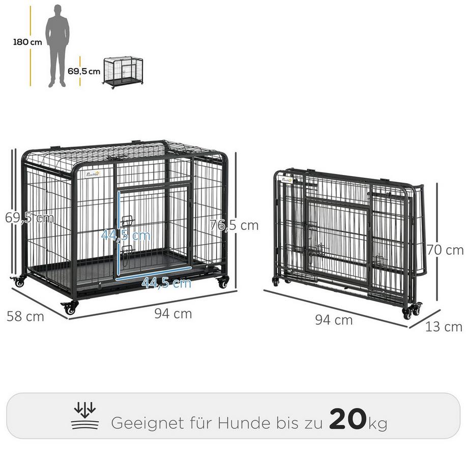 Northio  Transport Box Cage De Transport Pliable Avec Roulettes, 2 Portes Verrouillables, Métal, Gris + Noir, 94 X 58 X 69,5 Cm 