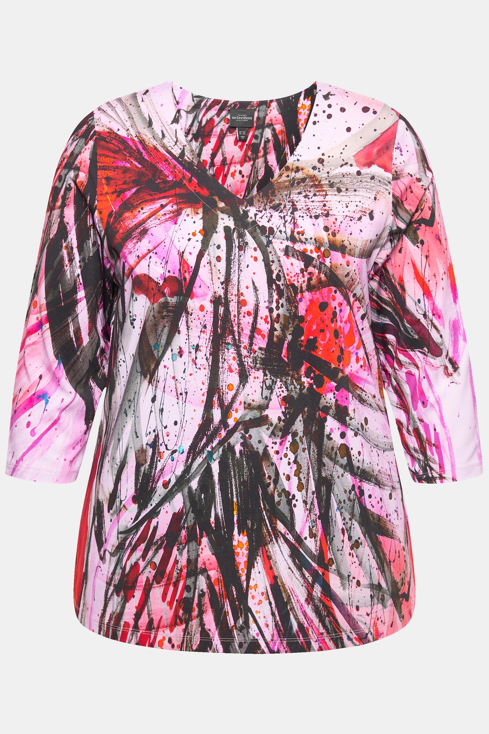 Ulla Popken Maglia Lunga Slinky Stampa Astratta Scollo a V Maniche 3/4  