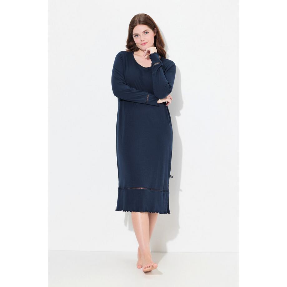 Ulla Popken Nachthemd mit Häkelband Langarm Rundhals  