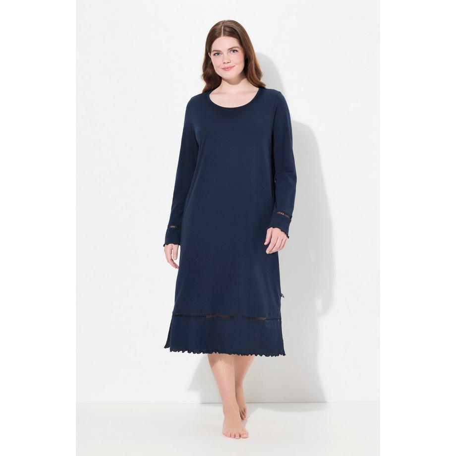 Ulla Popken Nachthemd mit Häkelband Langarm Rundhals  