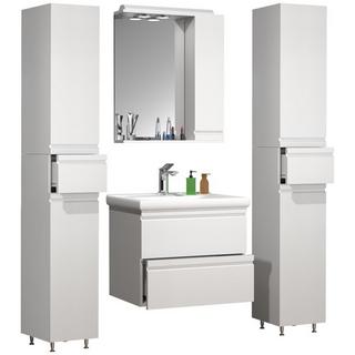 VCM 5-tlg. Waschplatz Waschtisch 60 cm Badmöbel Set Waschbecken grifflose Schublade Spiegelschrank Hochschrank Silora L  